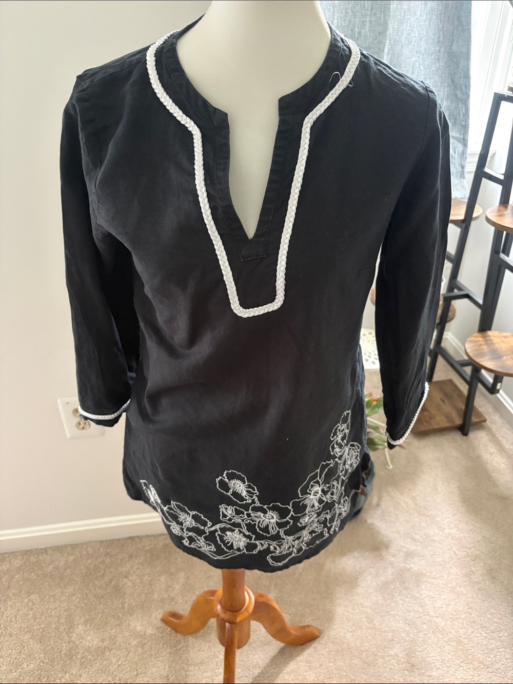 Brooks Brothers Black Tunic with White Embroidered Floral Hem